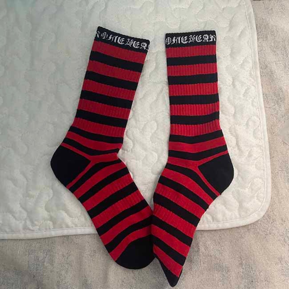 Chrome Hearts Red And Black Striped Knitted Crew Socks